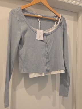 Jessica Simpson Light Blue Ribbed Button-Front Women's Top with Lace Trim